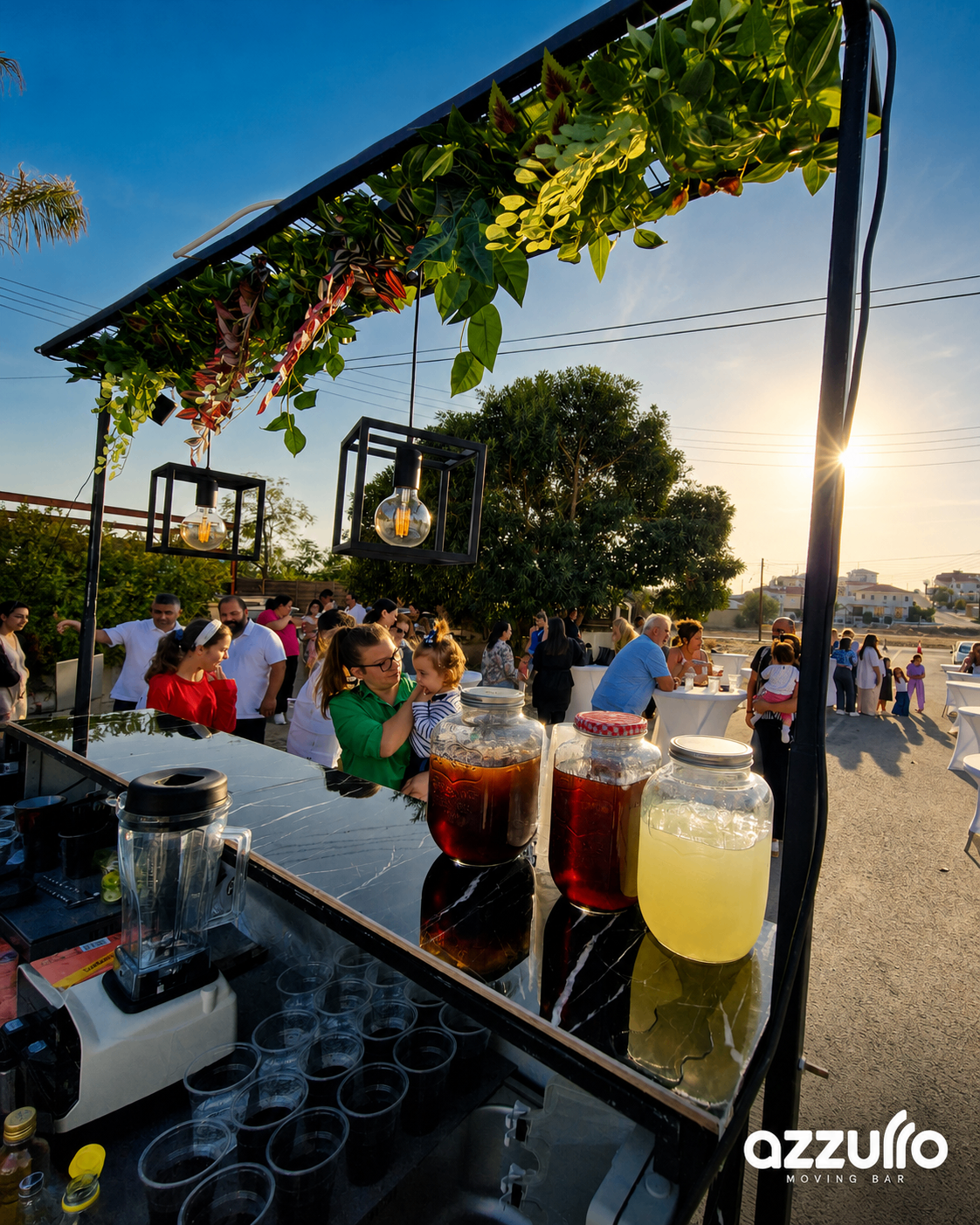 Azzurro Moving Bar daytime event setup with drinks jars and guests in Cyprus